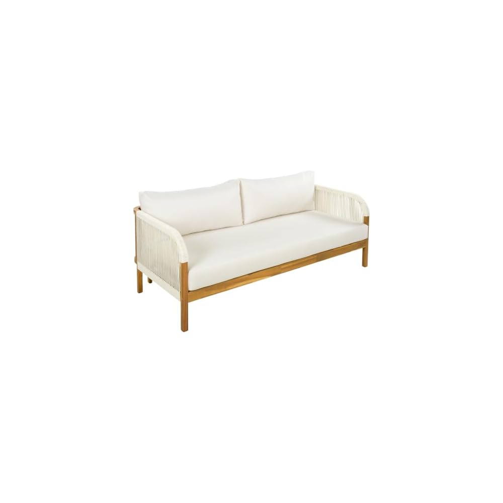 Acacia Wood Patio Couch Sofa with Rope Armrest, All-Weather Cushions & Pillows, Patio Low 2-Seater Lounge Sofa for Porch, Lawn, Backyard, Balcony, Indoor&Outdoor Use,Beige