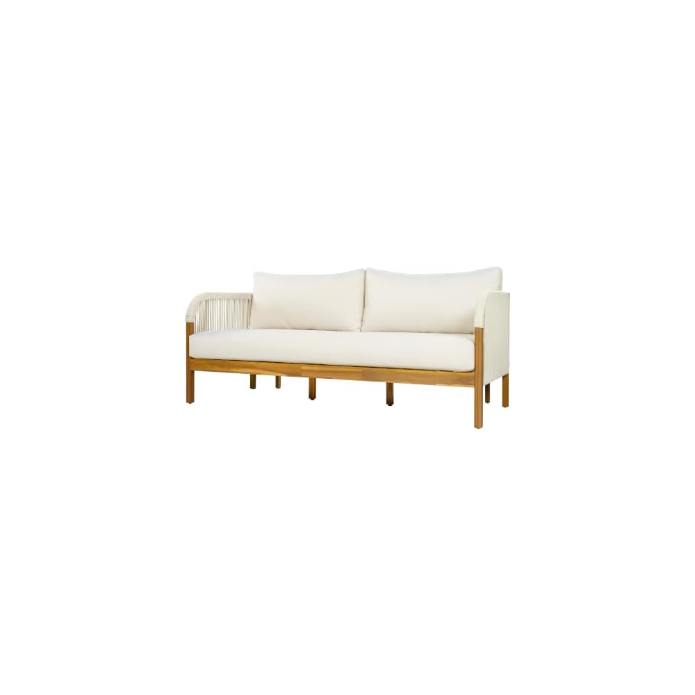 Acacia Wood Patio Couch Sofa with Rope Armrest, All-Weather Cushions & Pillows, Patio Low 2-Seater Lounge Sofa for Porch, Lawn, Backyard, Balcony, Indoor&Outdoor Use,Beige