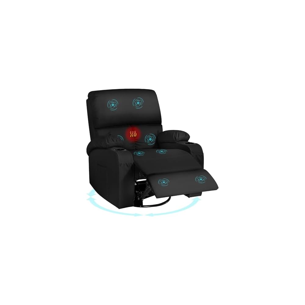 LAFWELL Rocking Recliner Chair, Massage Rocker Recliner Chair with Vibration Massage and Heat, USB and Type-C Ports,360° Swivel Faux Leather Chairs, Living Room, Bedroom, Nursery, RV, Dark Grey