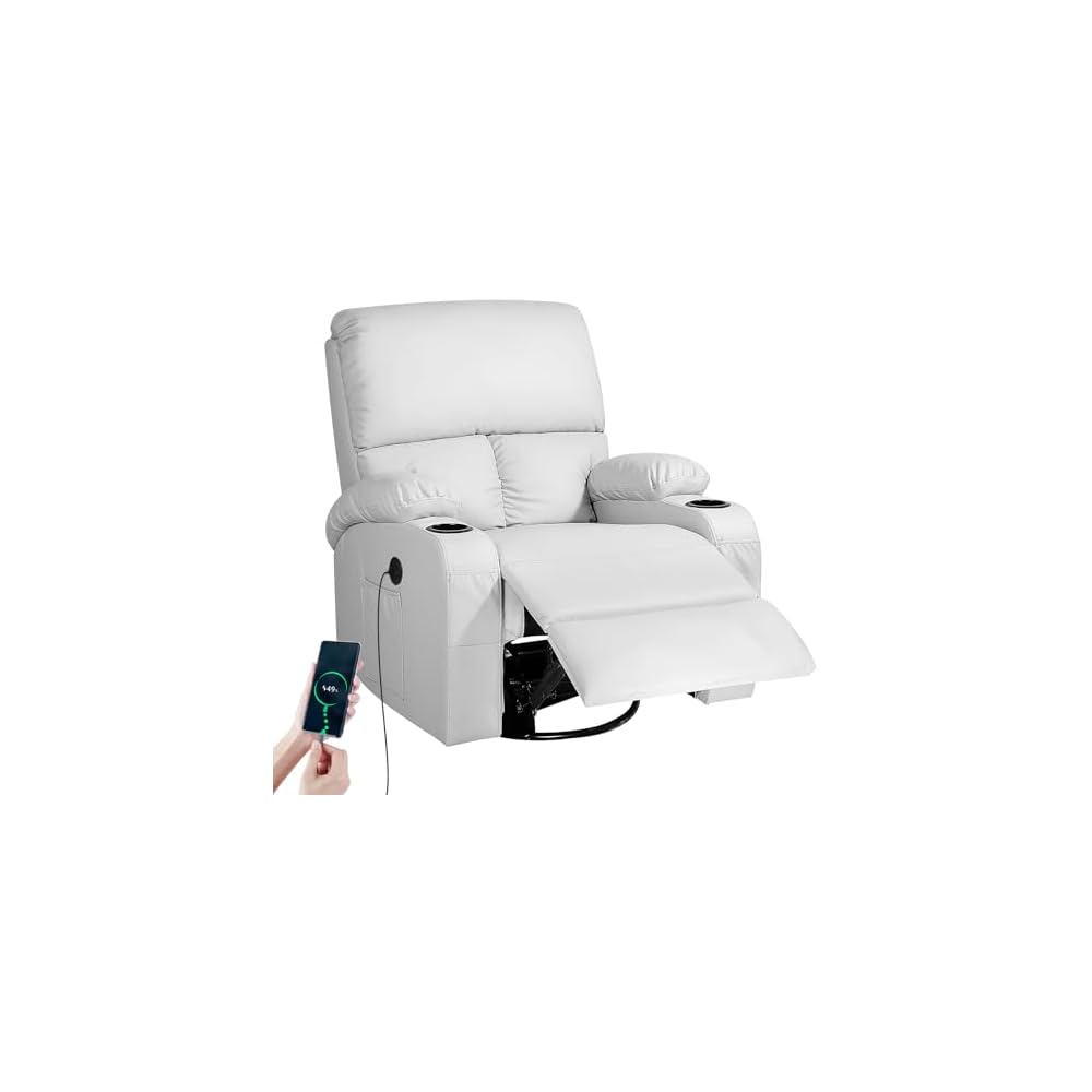 LAFWELL Rocking Recliner Chair, Massage Rocker Recliner Chair with Vibration Massage and Heat, USB and Type-C Ports,360° Swivel Faux Leather Chairs, Living Room, Bedroom, Nursery, RV, Dark Grey