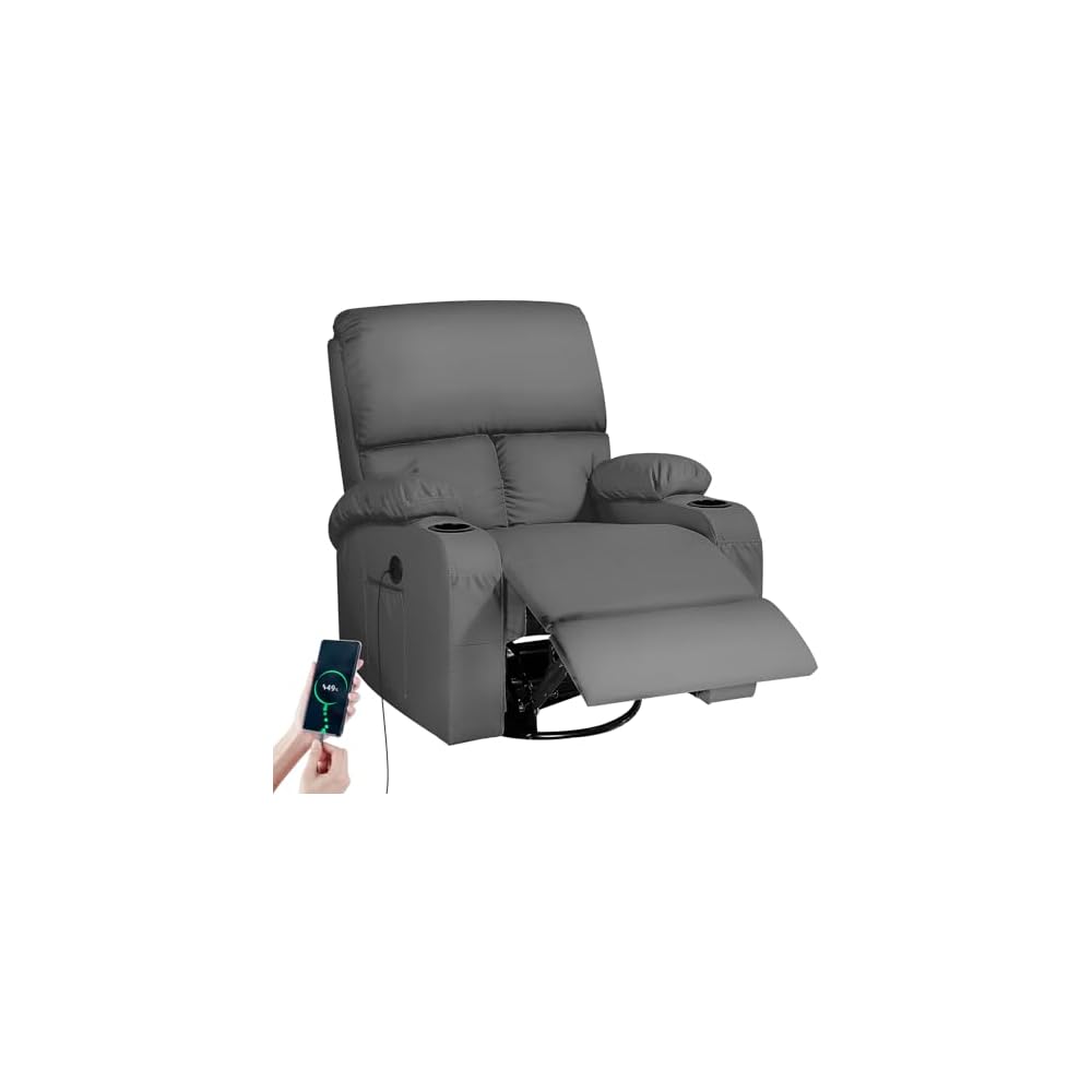 LAFWELL Rocking Recliner Chair, Massage Rocker Recliner Chair with Vibration Massage and Heat, USB and Type-C Ports,360° Swivel Faux Leather Chairs, Living Room, Bedroom, Nursery, RV, Dark Grey
