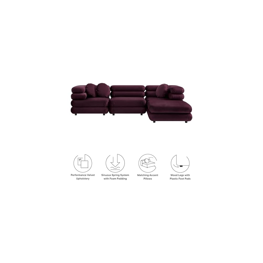 Modway Jubilee Performance Velvet 4 Piece Sectional Sofa with Ottoman in Mulberry