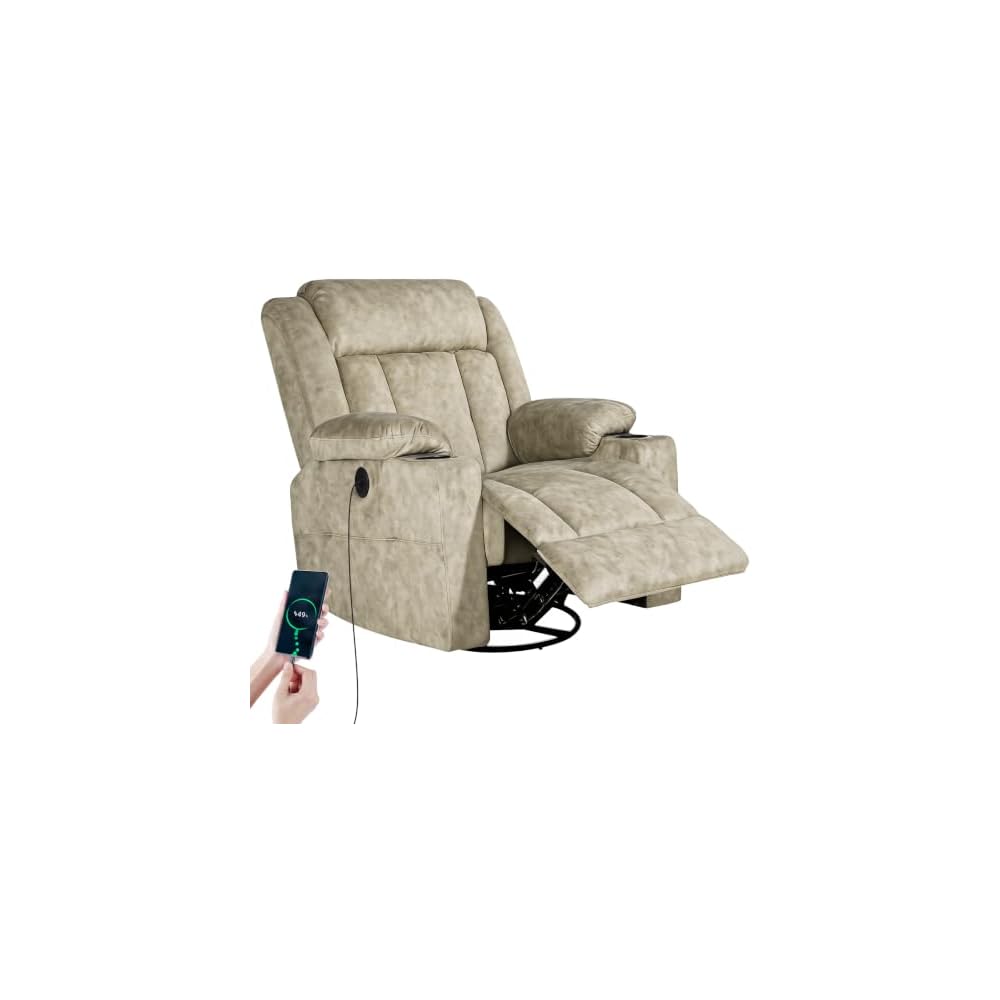 LAFWELL Rocking Recliner Chair, Massage Rocker Recliner Chair with Vibration Massage and Heat, USB and Type-C Ports,360° Swivel Faux Leather Chairs, Living Room, Bedroom, Nursery, RV, Dark Grey