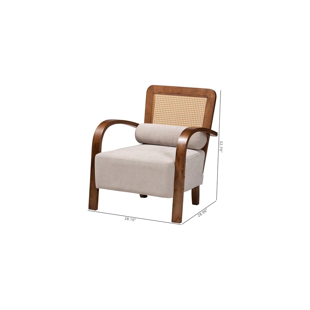 Baxton Studio Sage Modern Japandi Light Grey Fabric and Walnut Brown Finished Wood Arm Chair with Woven Rattan