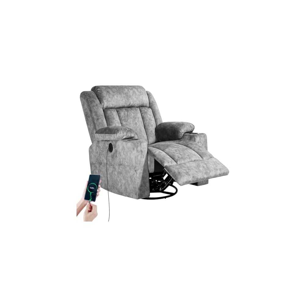 LAFWELL Rocking Recliner Chair, Massage Rocker Recliner Chair with Vibration Massage and Heat, USB and Type-C Ports,360° Swivel Faux Leather Chairs, Living Room, Bedroom, Nursery, RV, Dark Grey