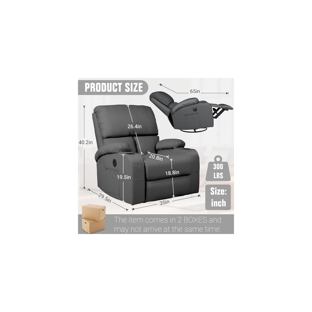 LAFWELL Rocking Recliner Chair, Massage Rocker Recliner Chair with Vibration Massage and Heat, USB and Type-C Ports,360° Swivel Faux Leather Chairs, Living Room, Bedroom, Nursery, RV, Dark Grey
