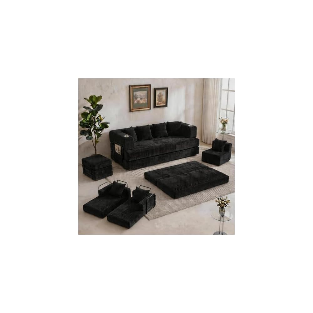 Garvee Queen Boneless Sofa Bed Convertible Sleeper Sofa Bed, 4-in-1 Corduroy Pull Out Daybed Memory Foam Couch with 4 Pillows & 2 Cup Holders for Living Room Apartment, No Assembly,Black