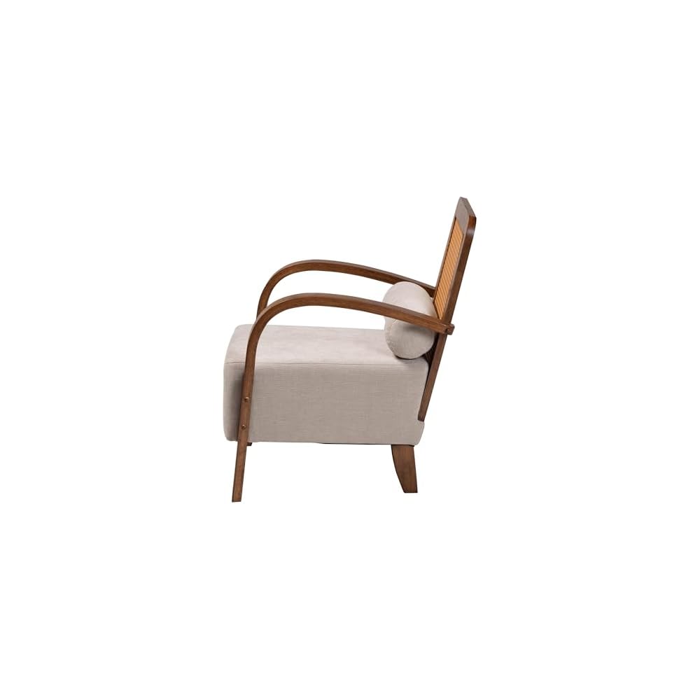 Baxton Studio Sage Modern Japandi Light Grey Fabric and Walnut Brown Finished Wood Arm Chair with Woven Rattan