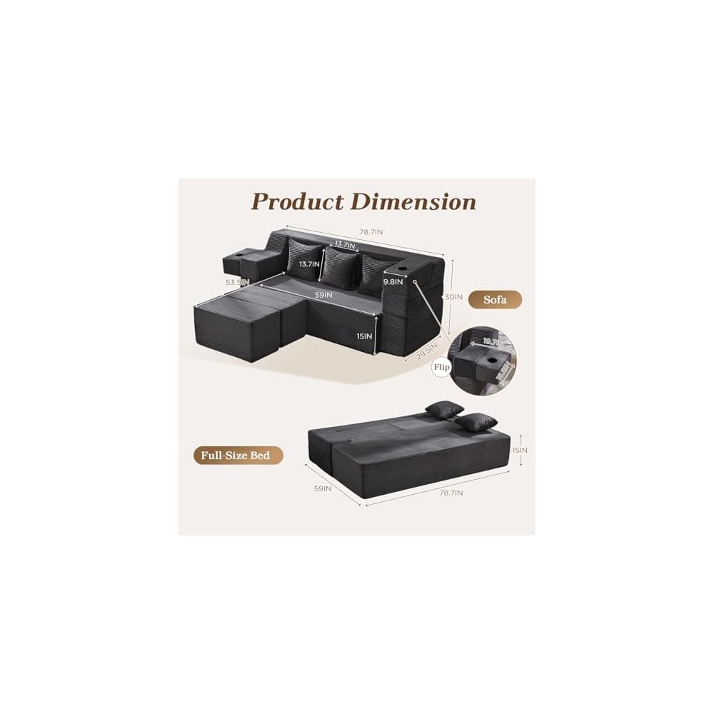 HOMREST 78.7" Sleeper Ottoman Sofa Bed for Small Space, Full-Length Folding Memory Foam Couch in a Box with 2 Ottomans & Flip-Up Armrest, 3-in-1 Convertible Futon, No Assembly, Dark Grey