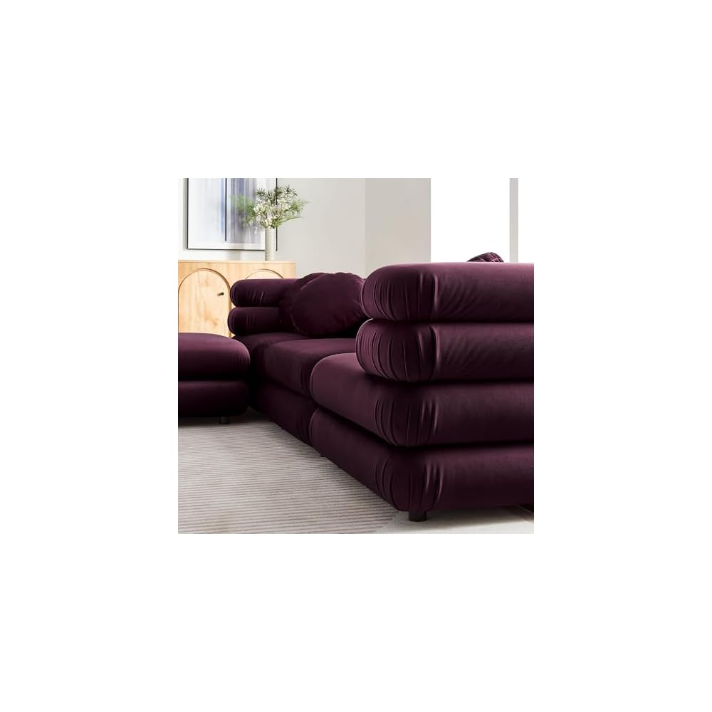Modway Jubilee Performance Velvet 4 Piece Sectional Sofa with Ottoman in Mulberry