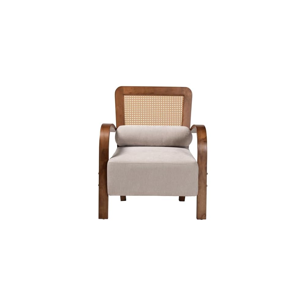 Baxton Studio Sage Modern Japandi Light Grey Fabric and Walnut Brown Finished Wood Arm Chair with Woven Rattan