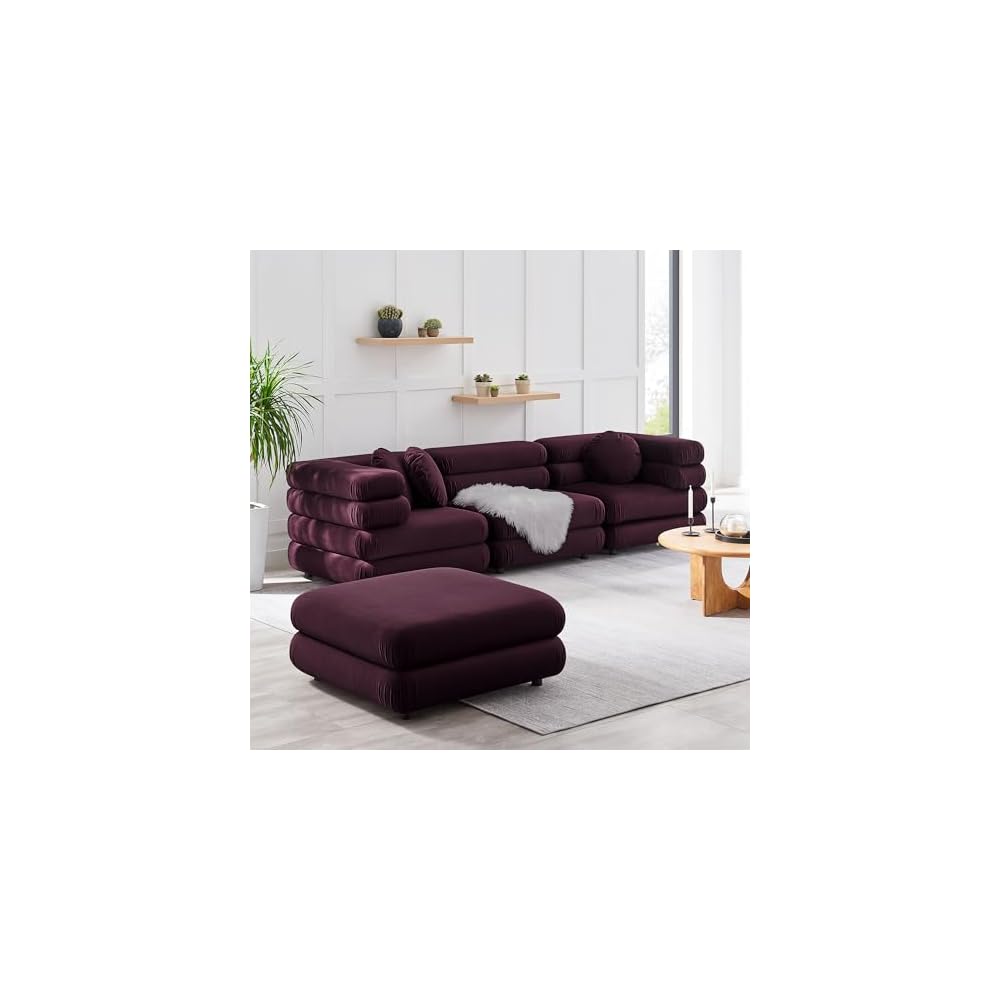 Modway Jubilee Performance Velvet 4 Piece Sectional Sofa with Ottoman in Mulberry