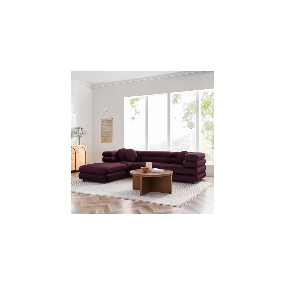 Modway Jubilee Performance Velvet 4 Piece Sectional Sofa with Ottoman in Mulberry