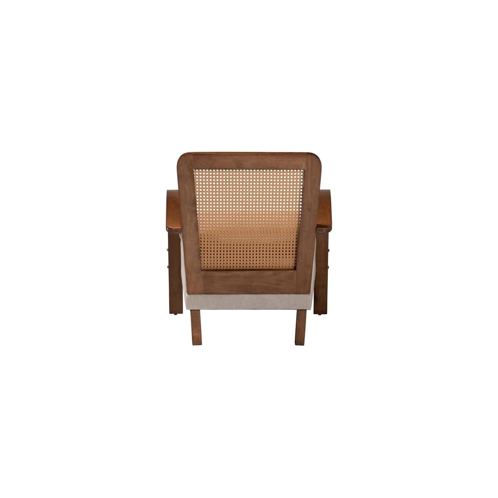 Baxton Studio Sage Modern Japandi Light Grey Fabric and Walnut Brown Finished Wood Arm Chair with Woven Rattan