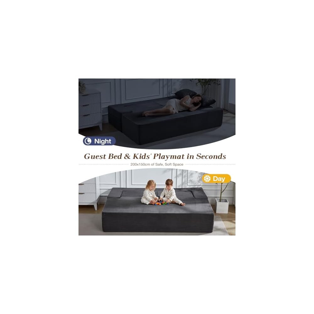 HOMREST 78.7" Sleeper Ottoman Sofa Bed for Small Space, Full-Length Folding Memory Foam Couch in a Box with 2 Ottomans & Flip-Up Armrest, 3-in-1 Convertible Futon, No Assembly, Dark Grey