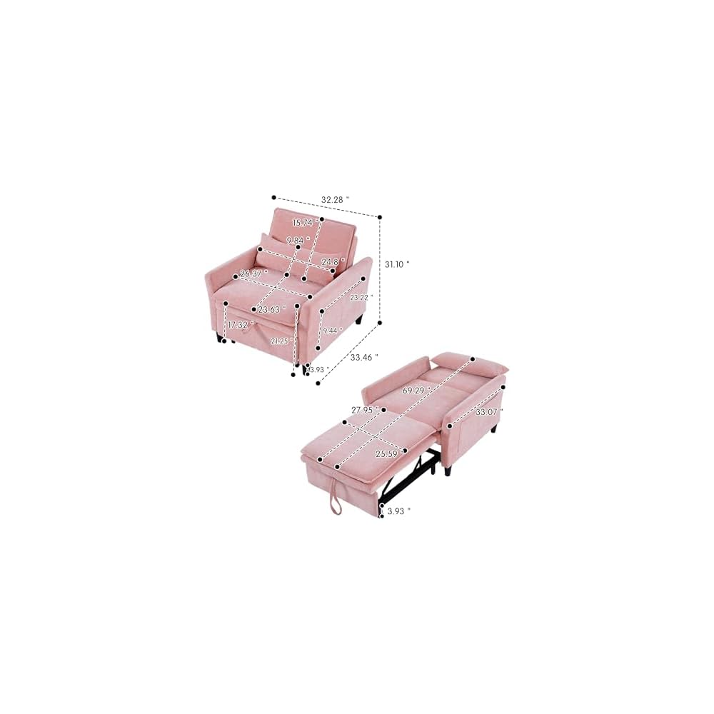 Sleeper Chair Pull Out Bed，Chenille 3 in 1 Convertible Sleeper Couches Single Sofa Chair with Adjustable Backrest for Living Room Bedroom Small Spaces (Pink)