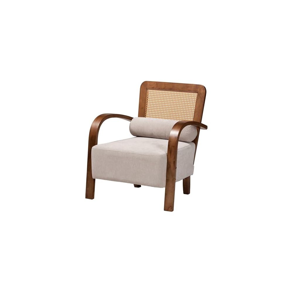 Baxton Studio Sage Modern Japandi Light Grey Fabric and Walnut Brown Finished Wood Arm Chair with Woven Rattan
