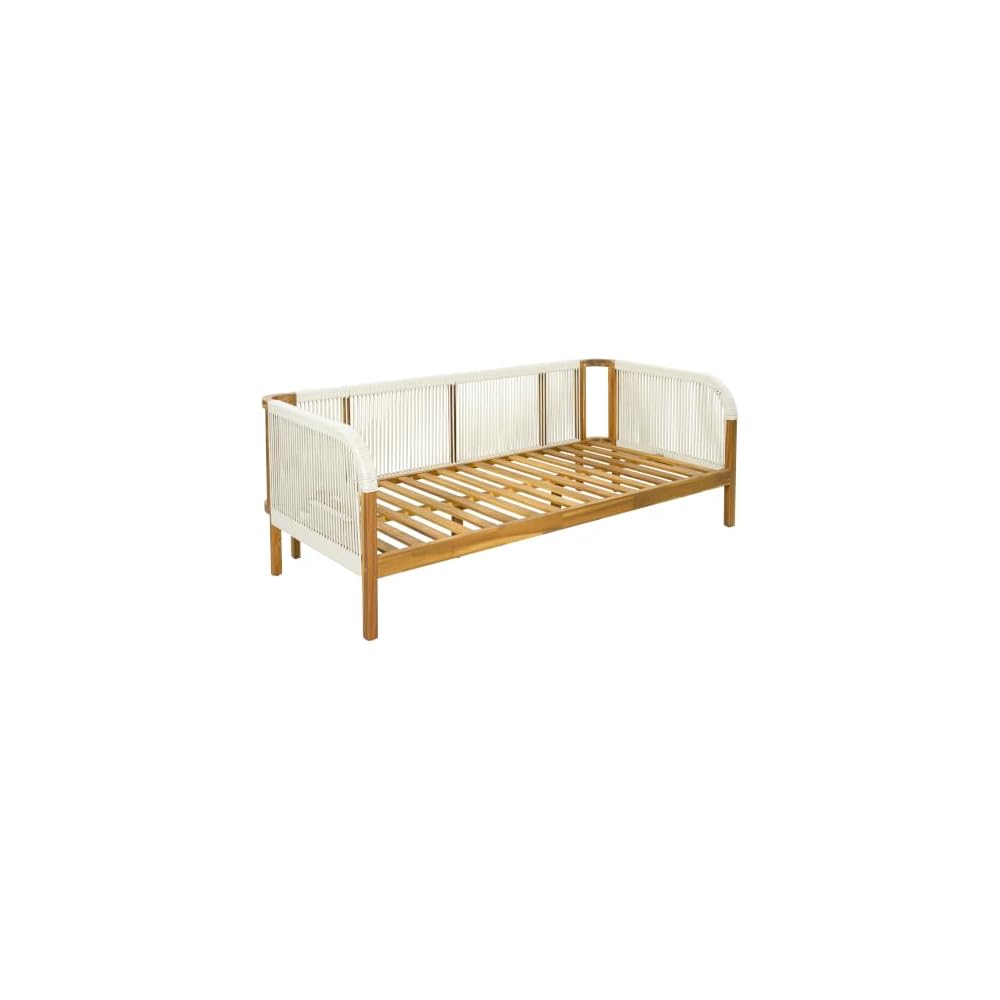 Acacia Wood Patio Couch Sofa with Rope Armrest, All-Weather Cushions & Pillows, Patio Low 2-Seater Lounge Sofa for Porch, Lawn, Backyard, Balcony, Indoor&Outdoor Use,Beige