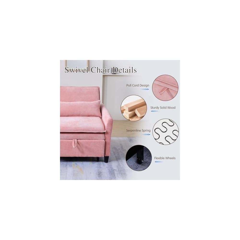 Sleeper Chair Pull Out Bed，Chenille 3 in 1 Convertible Sleeper Couches Single Sofa Chair with Adjustable Backrest for Living Room Bedroom Small Spaces (Pink)