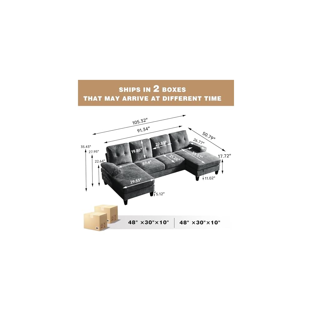 Sectional Couches for Living Room, Polyester, Dark Grey