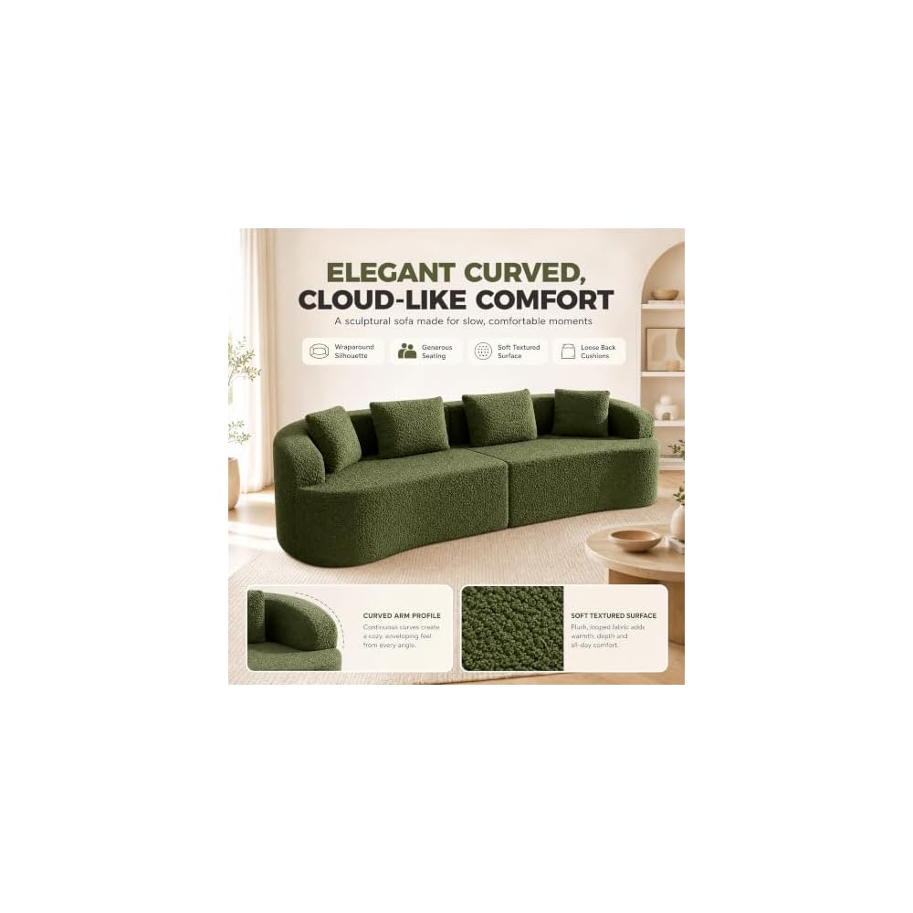 112" Curved Loveseat Sofa, Boneless Teddy Couch with Pillow, Green