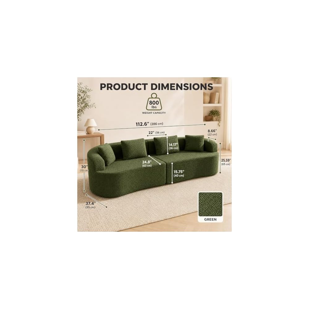 112" Curved Loveseat Sofa, Boneless Teddy Couch with Pillow, Green
