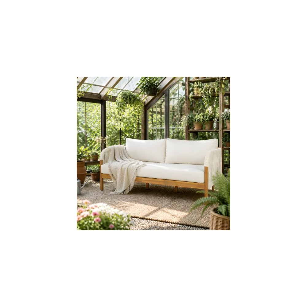 Acacia Wood Patio Couch Sofa with Rope Armrest, All-Weather Cushions & Pillows, Patio Low 2-Seater Lounge Sofa for Porch, Lawn, Backyard, Balcony, Indoor&Outdoor Use,Beige