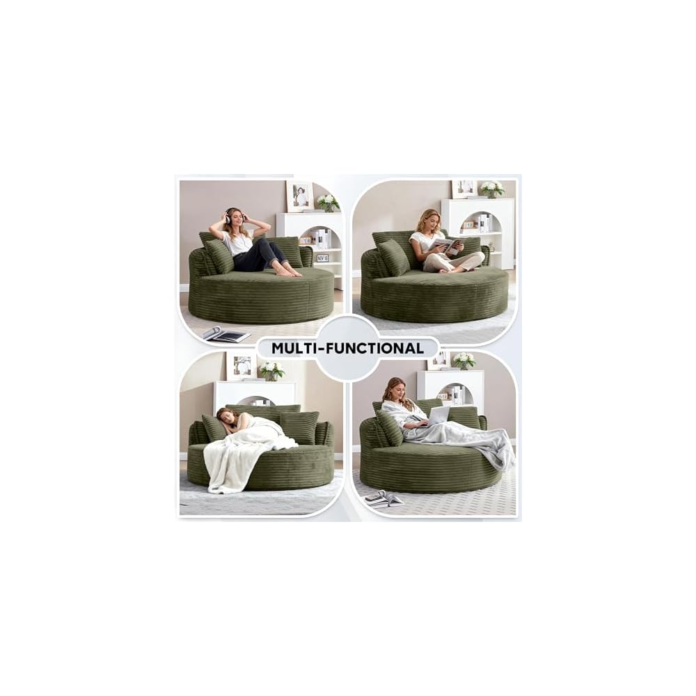Oversized Round Chair Lounge Chaise Indoor, 53.5" Upholstered Corduroy Deep Seat Single Cloud Sofa Chair, Fluffy Modern Large Circle Boneless Sleeper Sofa for Living Room, Bedroom, Green