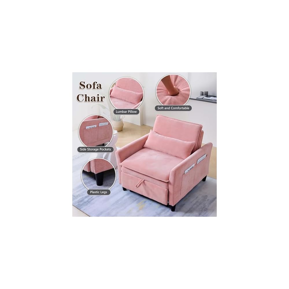 Sleeper Chair Pull Out Bed，Chenille 3 in 1 Convertible Sleeper Couches Single Sofa Chair with Adjustable Backrest for Living Room Bedroom Small Spaces (Pink)