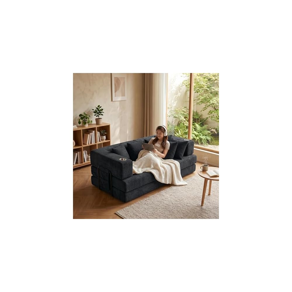 Garvee Queen Boneless Sofa Bed Convertible Sleeper Sofa Bed, 4-in-1 Corduroy Pull Out Daybed Memory Foam Couch with 4 Pillows & 2 Cup Holders for Living Room Apartment, No Assembly,Black