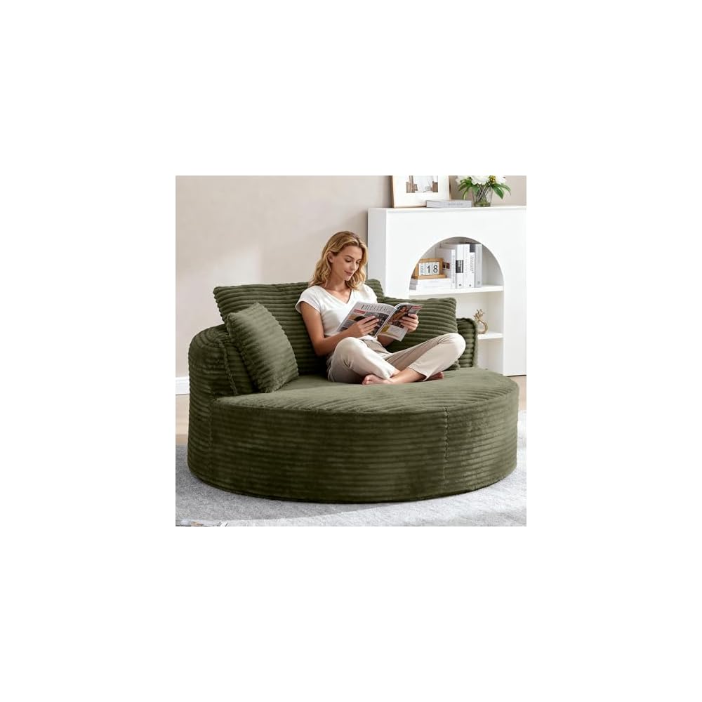 Oversized Round Chair Lounge Chaise Indoor, 53.5" Upholstered Corduroy Deep Seat Single Cloud Sofa Chair, Fluffy Modern Large Circle Boneless Sleeper Sofa for Living Room, Bedroom, Green