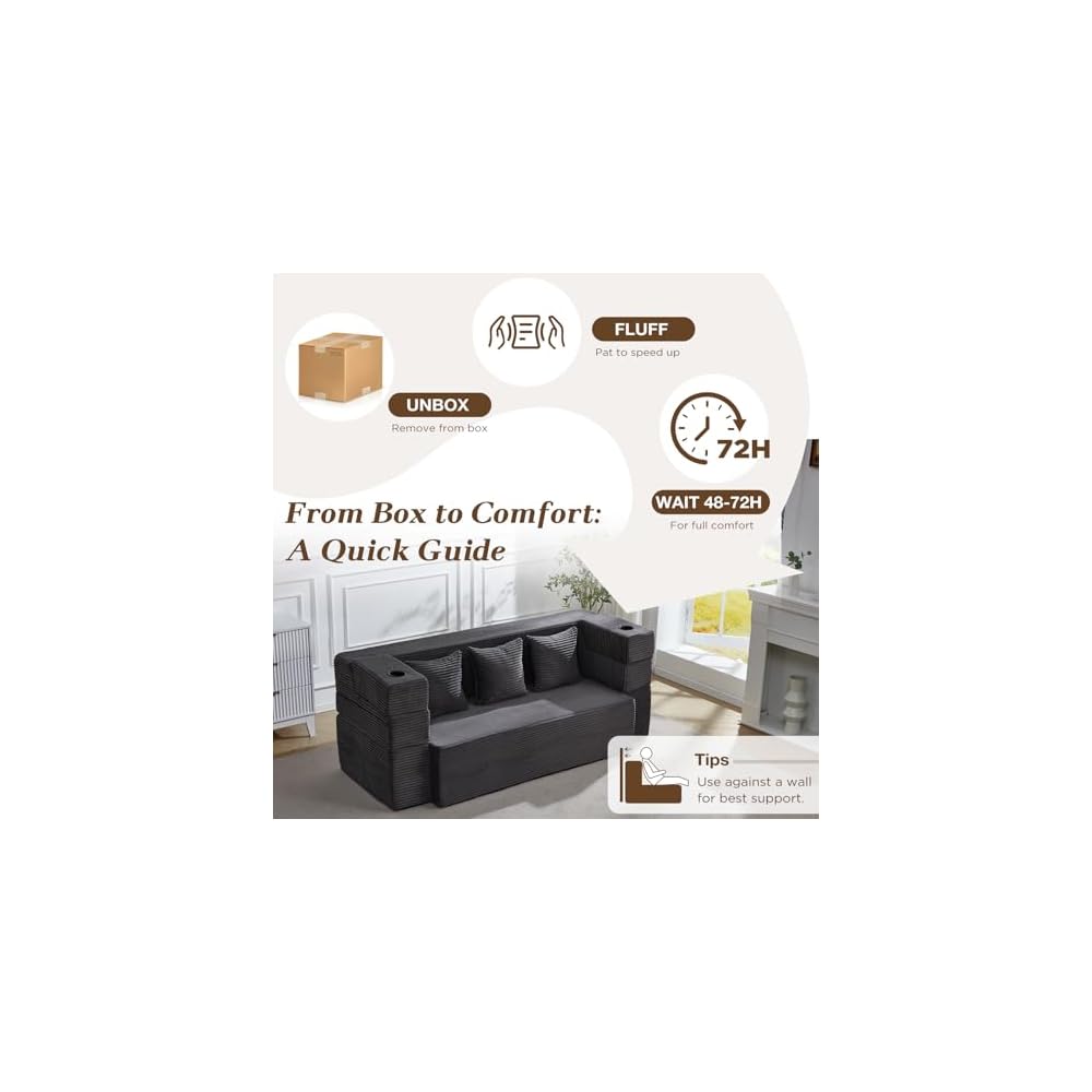 HOMREST 78.7" Sleeper Ottoman Sofa Bed for Small Space, Full-Length Folding Memory Foam Couch in a Box with 2 Ottomans & Flip-Up Armrest, 3-in-1 Convertible Futon, No Assembly, Dark Grey