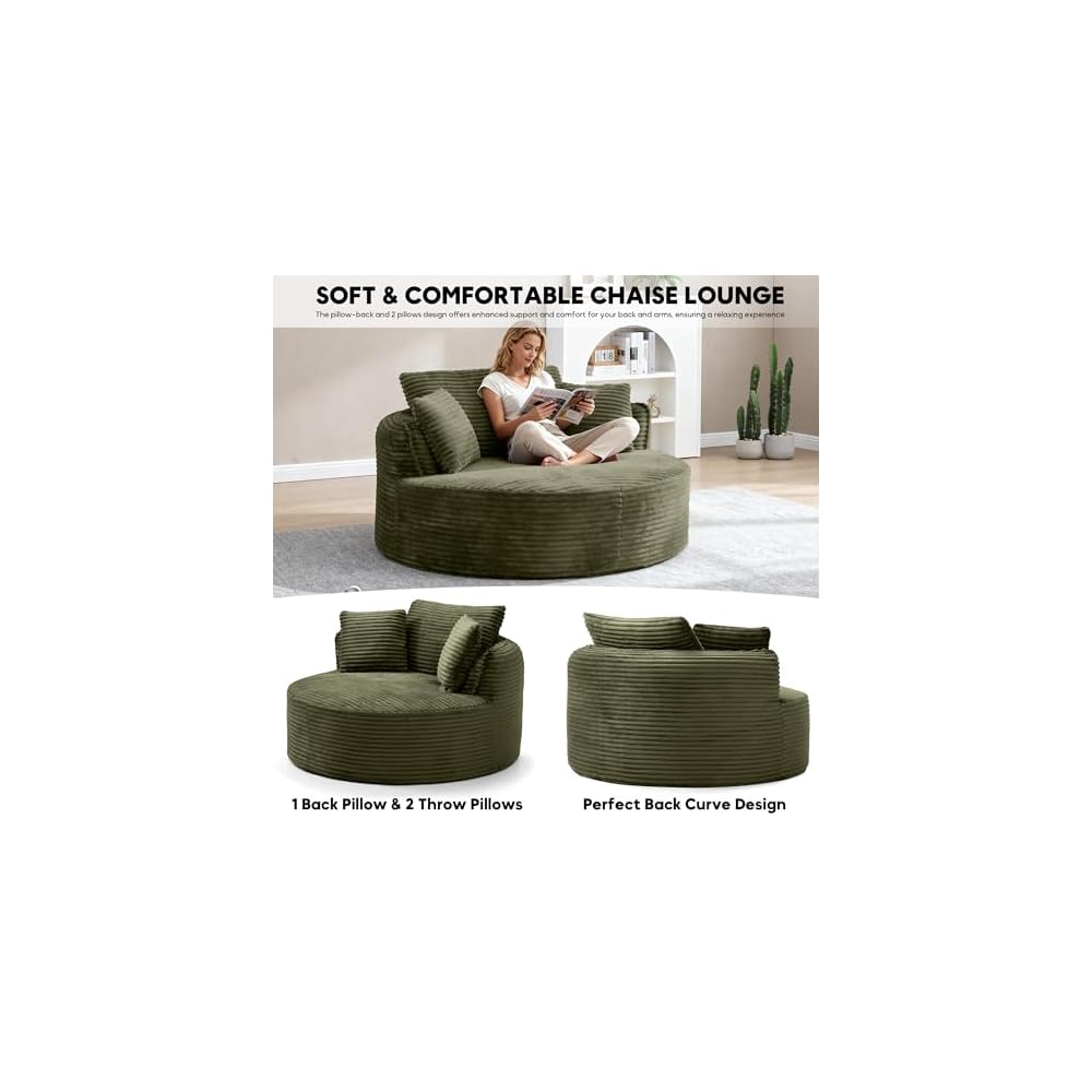 Oversized Round Chair Lounge Chaise Indoor, 53.5" Upholstered Corduroy Deep Seat Single Cloud Sofa Chair, Fluffy Modern Large Circle Boneless Sleeper Sofa for Living Room, Bedroom, Green