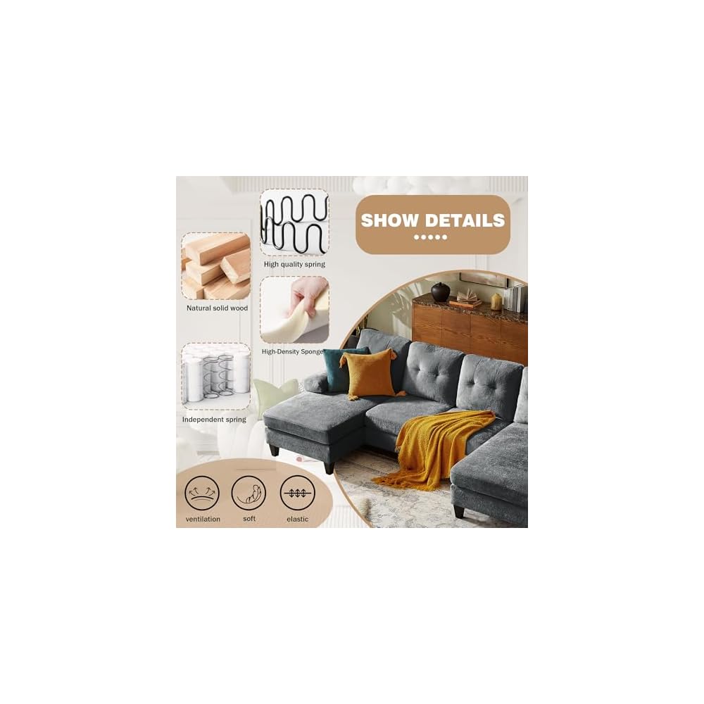 Sectional Couches for Living Room, Polyester, Dark Grey