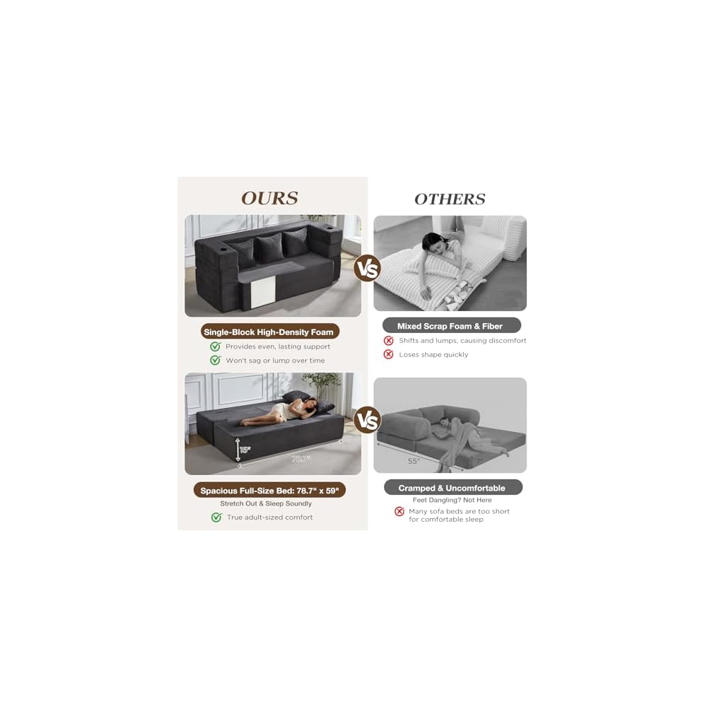 HOMREST 78.7" Sleeper Ottoman Sofa Bed for Small Space, Full-Length Folding Memory Foam Couch in a Box with 2 Ottomans & Flip-Up Armrest, 3-in-1 Convertible Futon, No Assembly, Dark Grey