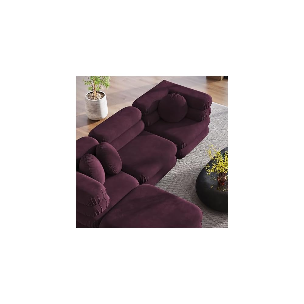 Modway Jubilee Performance Velvet 4 Piece Sectional Sofa with Ottoman in Mulberry