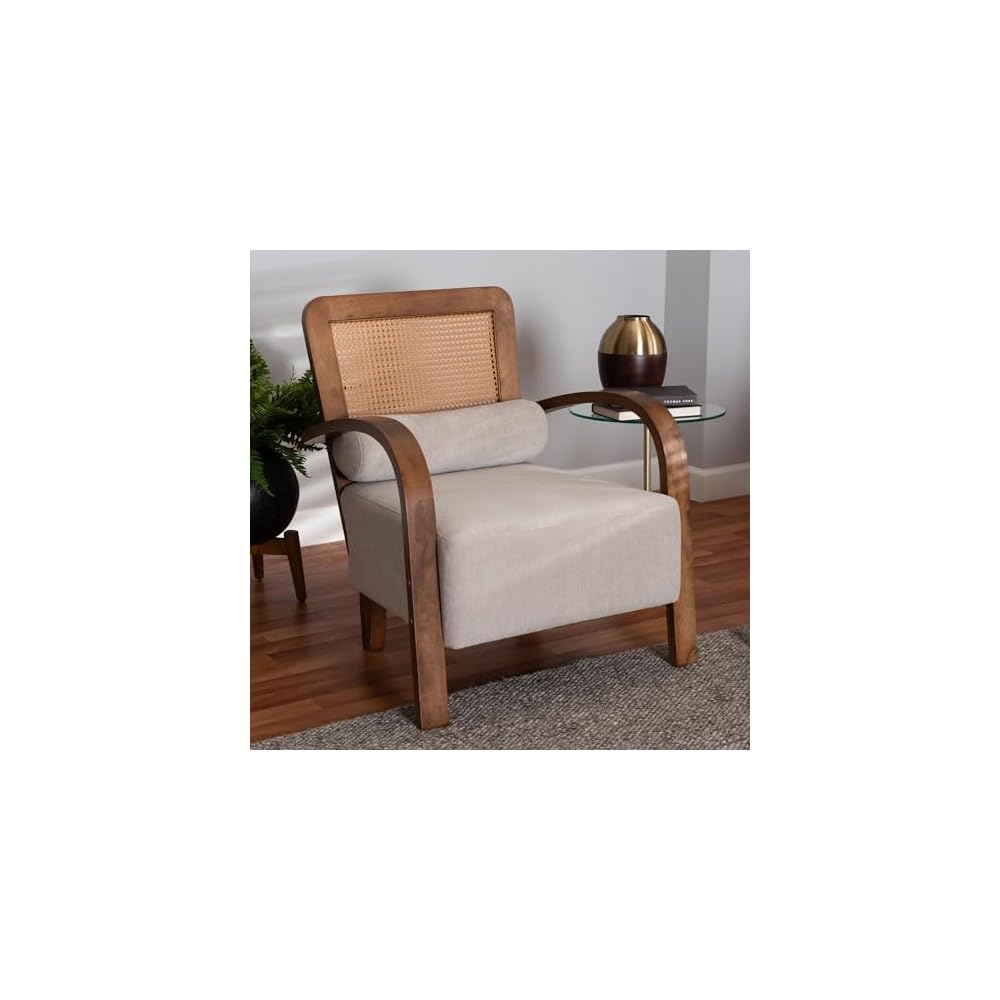 Baxton Studio Sage Modern Japandi Light Grey Fabric and Walnut Brown Finished Wood Arm Chair with Woven Rattan
