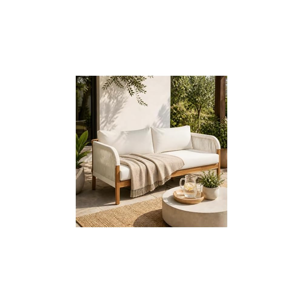 Acacia Wood Patio Couch Sofa with Rope Armrest, All-Weather Cushions & Pillows, Patio Low 2-Seater Lounge Sofa for Porch, Lawn, Backyard, Balcony, Indoor&Outdoor Use,Beige
