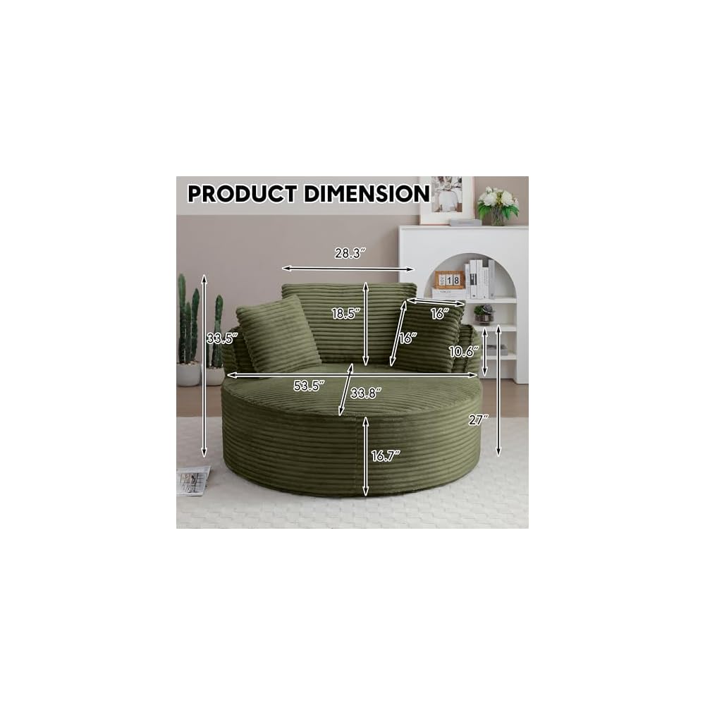 Oversized Round Chair Lounge Chaise Indoor, 53.5" Upholstered Corduroy Deep Seat Single Cloud Sofa Chair, Fluffy Modern Large Circle Boneless Sleeper Sofa for Living Room, Bedroom, Green