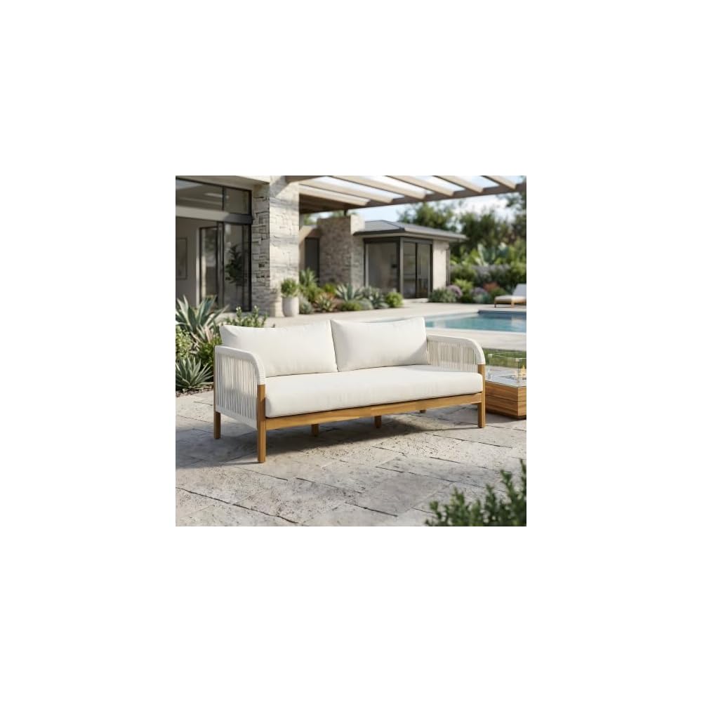 Acacia Wood Patio Couch Sofa with Rope Armrest, All-Weather Cushions & Pillows, Patio Low 2-Seater Lounge Sofa for Porch, Lawn, Backyard, Balcony, Indoor&Outdoor Use,Beige