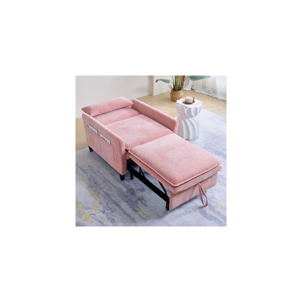 Sleeper Chair Pull Out Bed，Chenille 3 in 1 Convertible Sleeper Couches Single Sofa Chair with Adjustable Backrest for Living Room Bedroom Small Spaces (Pink)