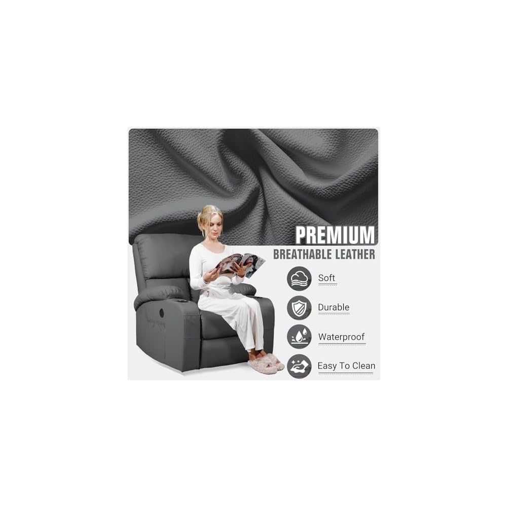 LAFWELL Rocking Recliner Chair, Massage Rocker Recliner Chair with Vibration Massage and Heat, USB and Type-C Ports,360° Swivel Faux Leather Chairs, Living Room, Bedroom, Nursery, RV, Dark Grey