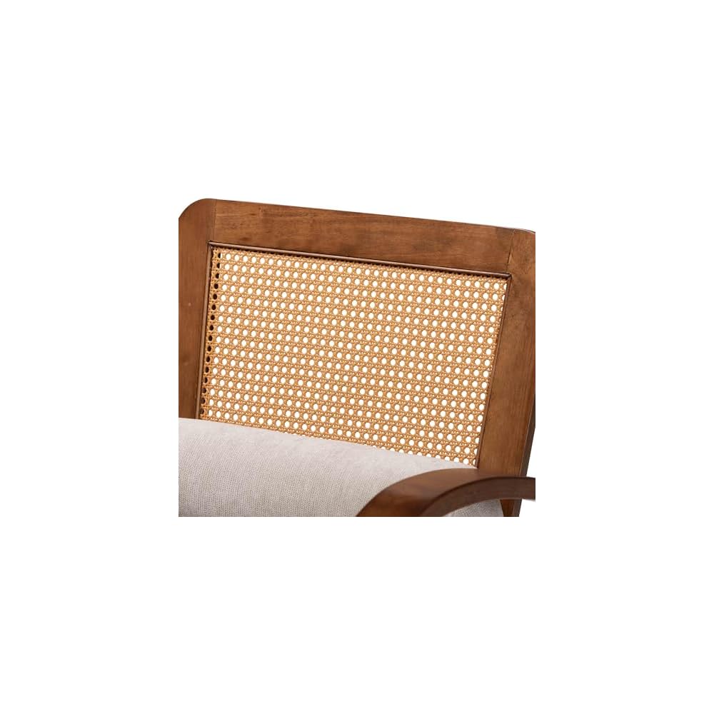 Baxton Studio Sage Modern Japandi Light Grey Fabric and Walnut Brown Finished Wood Arm Chair with Woven Rattan