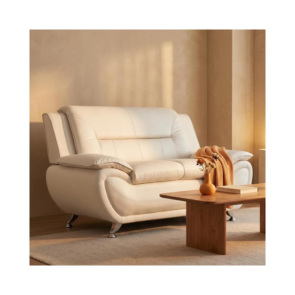 Modern Faux Leather Loveseat – 2-Seater Sofa with Chrome Legs & Padded Armrests – Contemporary Small Couch for Living Room, Bedroom, Home Office & Reception Area (White)