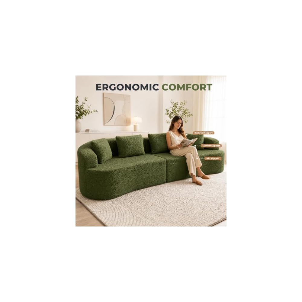 112" Curved Loveseat Sofa, Boneless Teddy Couch with Pillow, Green