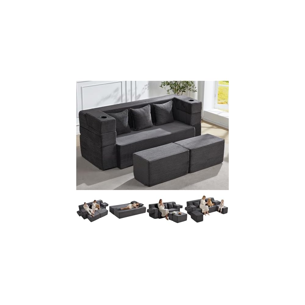 HOMREST 78.7" Sleeper Ottoman Sofa Bed for Small Space, Full-Length Folding Memory Foam Couch in a Box with 2 Ottomans & Flip-Up Armrest, 3-in-1 Convertible Futon, No Assembly, Dark Grey