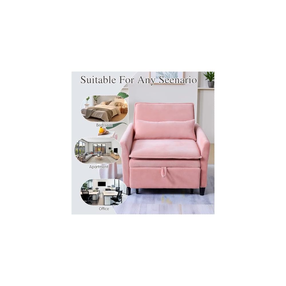 Sleeper Chair Pull Out Bed，Chenille 3 in 1 Convertible Sleeper Couches Single Sofa Chair with Adjustable Backrest for Living Room Bedroom Small Spaces (Pink)