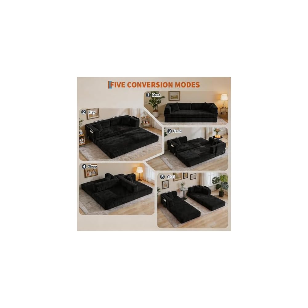 Garvee Queen Boneless Sofa Bed Convertible Sleeper Sofa Bed, 4-in-1 Corduroy Pull Out Daybed Memory Foam Couch with 4 Pillows & 2 Cup Holders for Living Room Apartment, No Assembly,Black