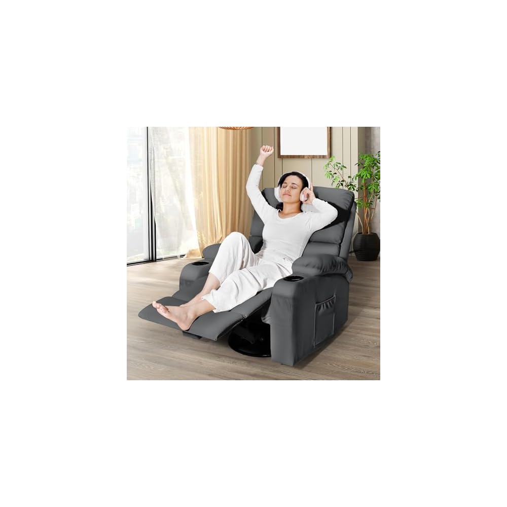 LAFWELL Rocking Recliner Chair, Massage Rocker Recliner Chair with Vibration Massage and Heat, USB and Type-C Ports,360° Swivel Faux Leather Chairs, Living Room, Bedroom, Nursery, RV, Dark Grey