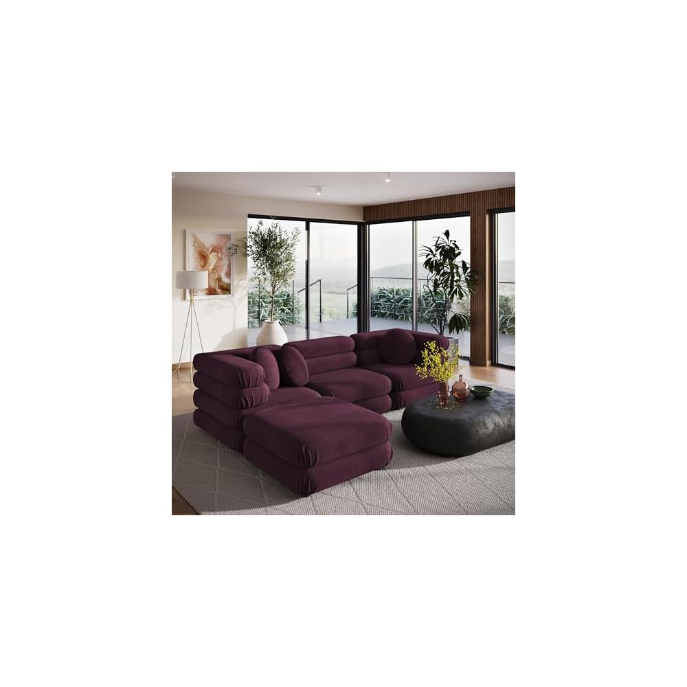 Modway Jubilee Performance Velvet 4 Piece Sectional Sofa with Ottoman in Mulberry
